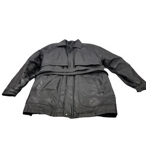 Wilda Leather Trench Coat Mens 2XL Black Belted Storm Flap Duster Jacket